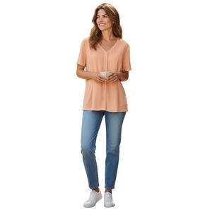 Denim & Co Button Front Top Soft Peach Size Medium Polyester Spandex Blend NEW